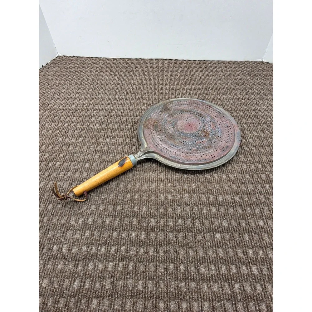 Vintage Perforated Stovetop Heat Diffuser Metal Plate with Wood Handle